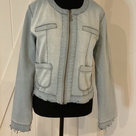 Sandwich_ Collarless  blue Denim  jacket with frayed edges and pockets. - Picture 2 of 8